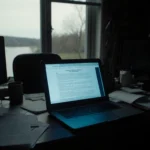 Laptop screen glows blue in cluttered home office with Massachusetts view outside