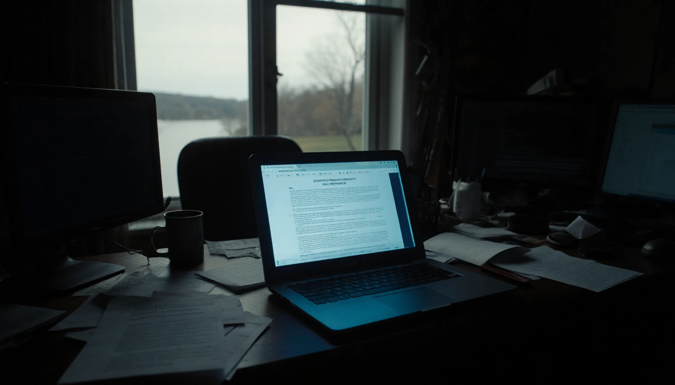 Laptop screen glows blue in cluttered home office with Massachusetts view outside