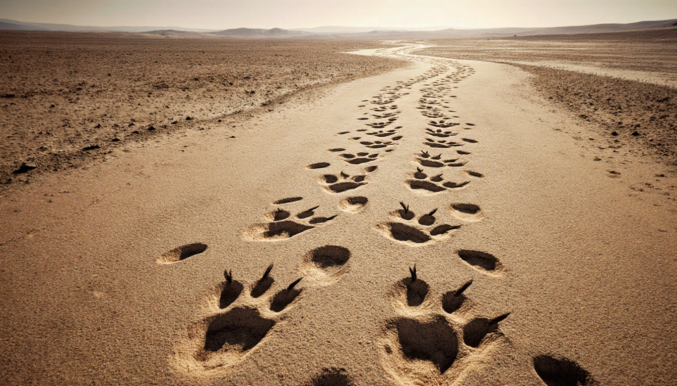 Dinosaur footprints stretching across a dry barren landscape with long-necked bipedal herbivores and shadows showing scale.
