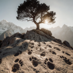 Dinosaur footprints wind toward tree with branches reaching sky and sunlight filtering through alpine backdrop.