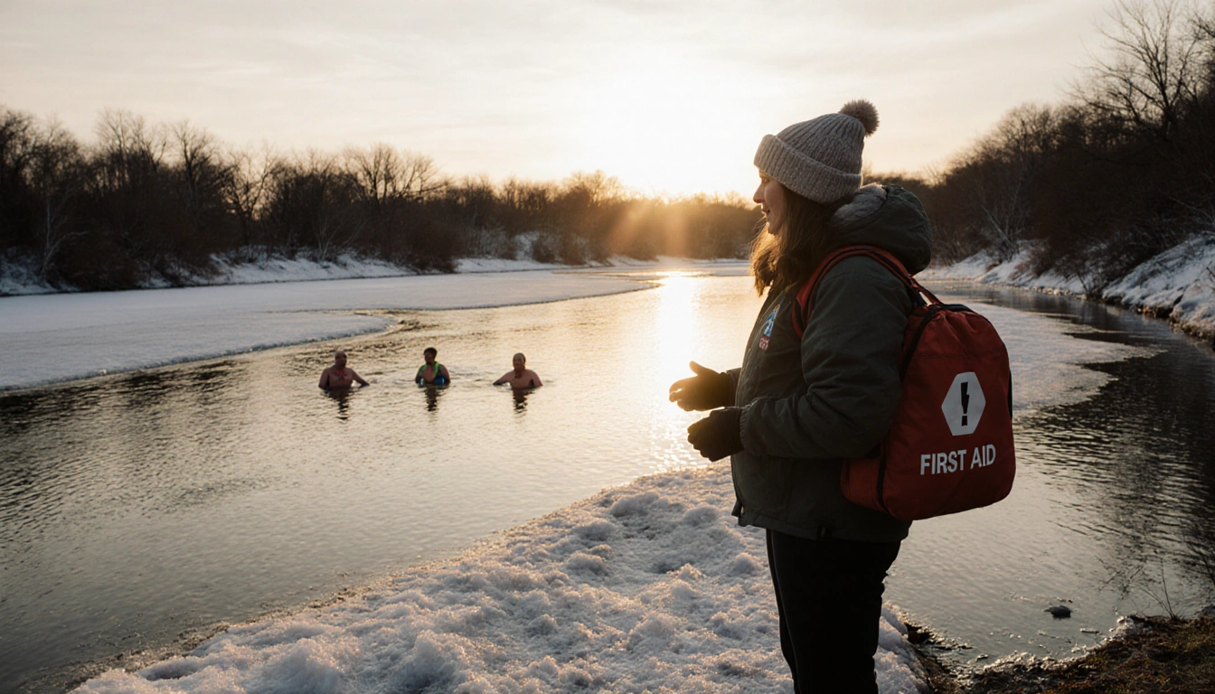 Laney Kohout standing on riverbank holding first-aid kit with Paluxy River in Dinosaur Valley State Park reflecting sunset an