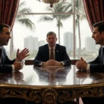 Three leaders debating around ornate table with Art Deco décor and Miami skyline behind window
