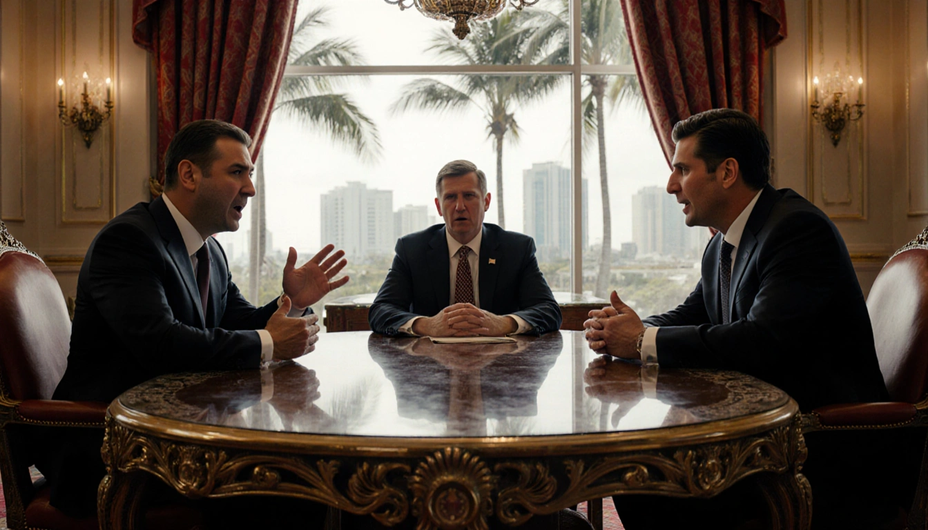 Three leaders debating around ornate table with Art Deco décor and Miami skyline behind window