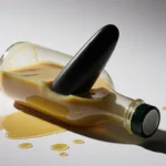 Discarded salad dressing bottle glows with eerie light casting ominous shadow while plastic object protrudes.