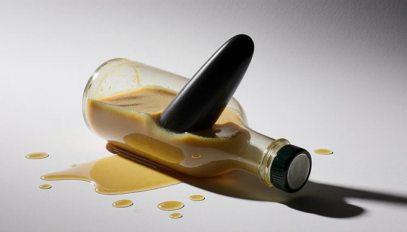 Discarded salad dressing bottle glows with eerie light casting ominous shadow while plastic object protrudes.