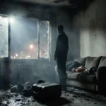 Silhouette standing near window looking out into darkness with smoke-filled living room and charred furniture behind