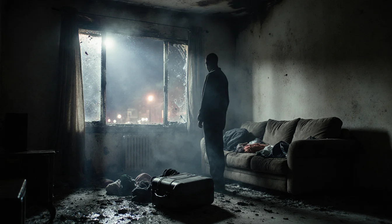 Silhouette standing near window looking out into darkness with smoke-filled living room and charred furniture behind
