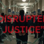 Protester being led away by agents with arms bound in a court hallway with glass shards and protest signs disrupted justice.