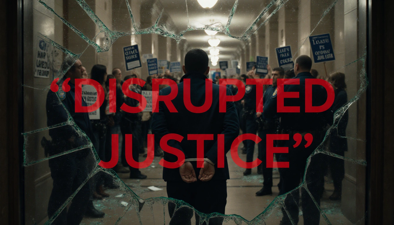 Protester being led away by agents with arms bound in a court hallway with glass shards and protest signs disrupted justice.