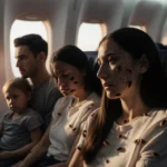 Distressed family sitting in airplane seats with eerie shadows and uneasy glances in a blurred cabin