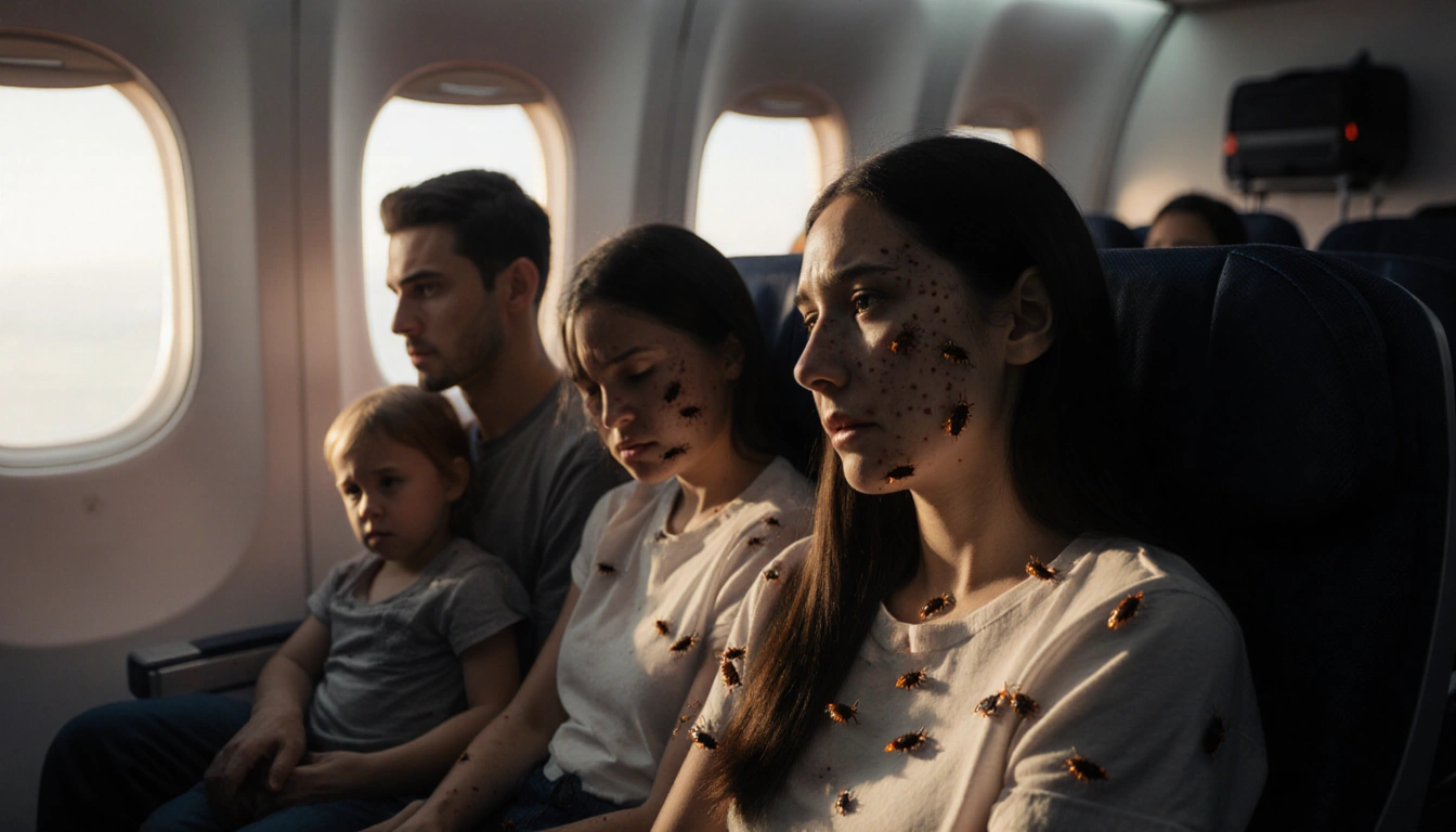 Distressed family sitting in airplane seats with eerie shadows and uneasy glances in a blurred cabin