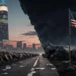 Neon lights glow over gleaming skyscraper with dark refugee camp and faded flag in background.