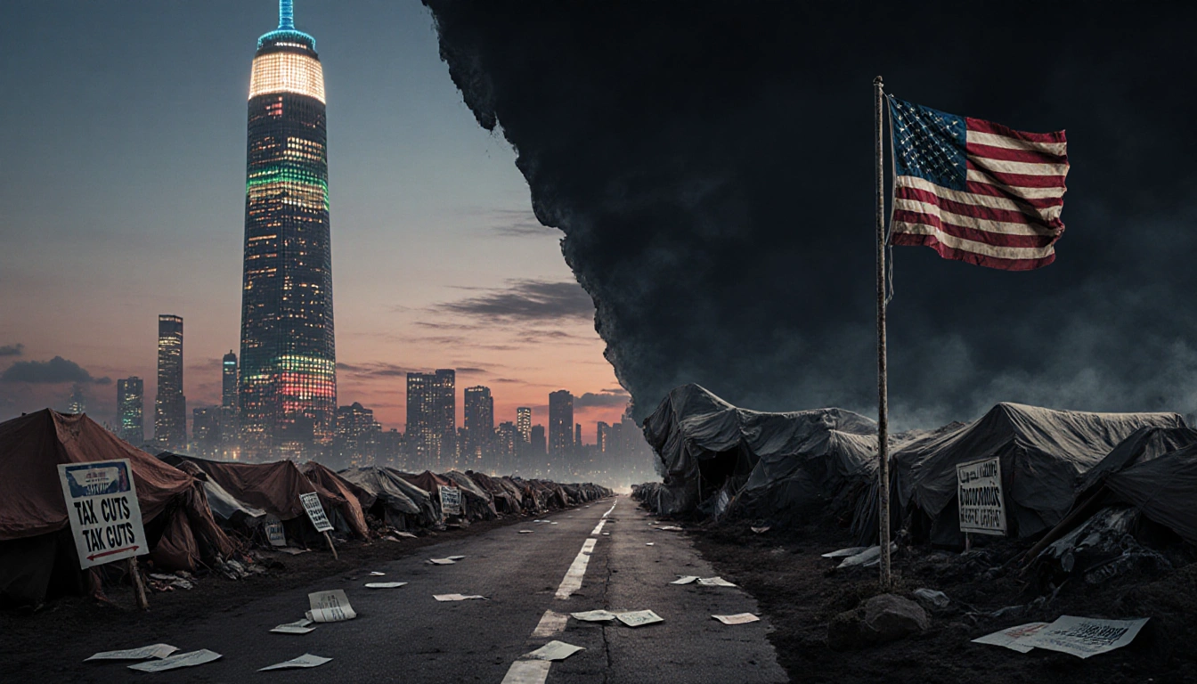 Neon lights glow over gleaming skyscraper with dark refugee camp and faded flag in background.