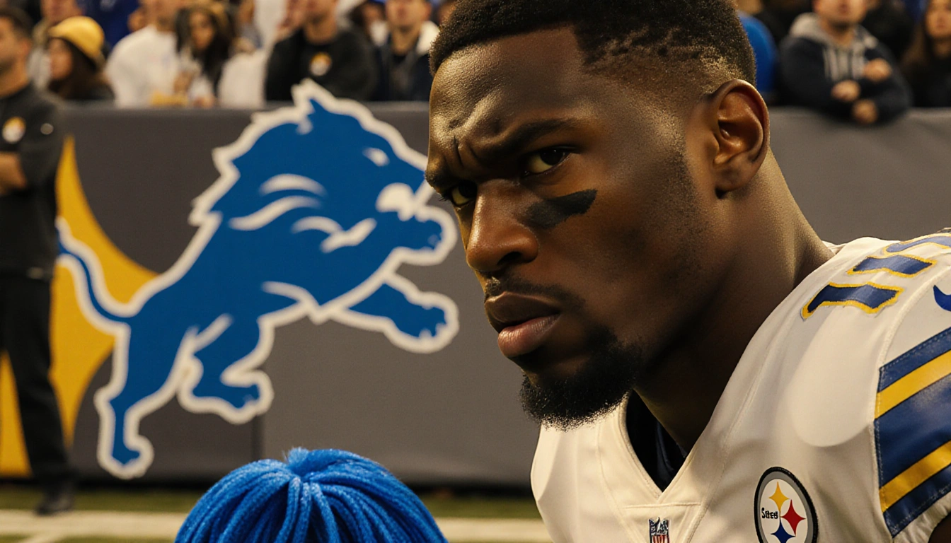 DK Metcalf staring at stunned fan with blurred Steelers player behind and blue wig on ground in an NFL controversy
