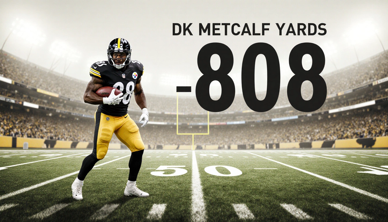 DK Metcalf standing at the 50-yard line in a Steelers jersey holding a football with 808 yards above him