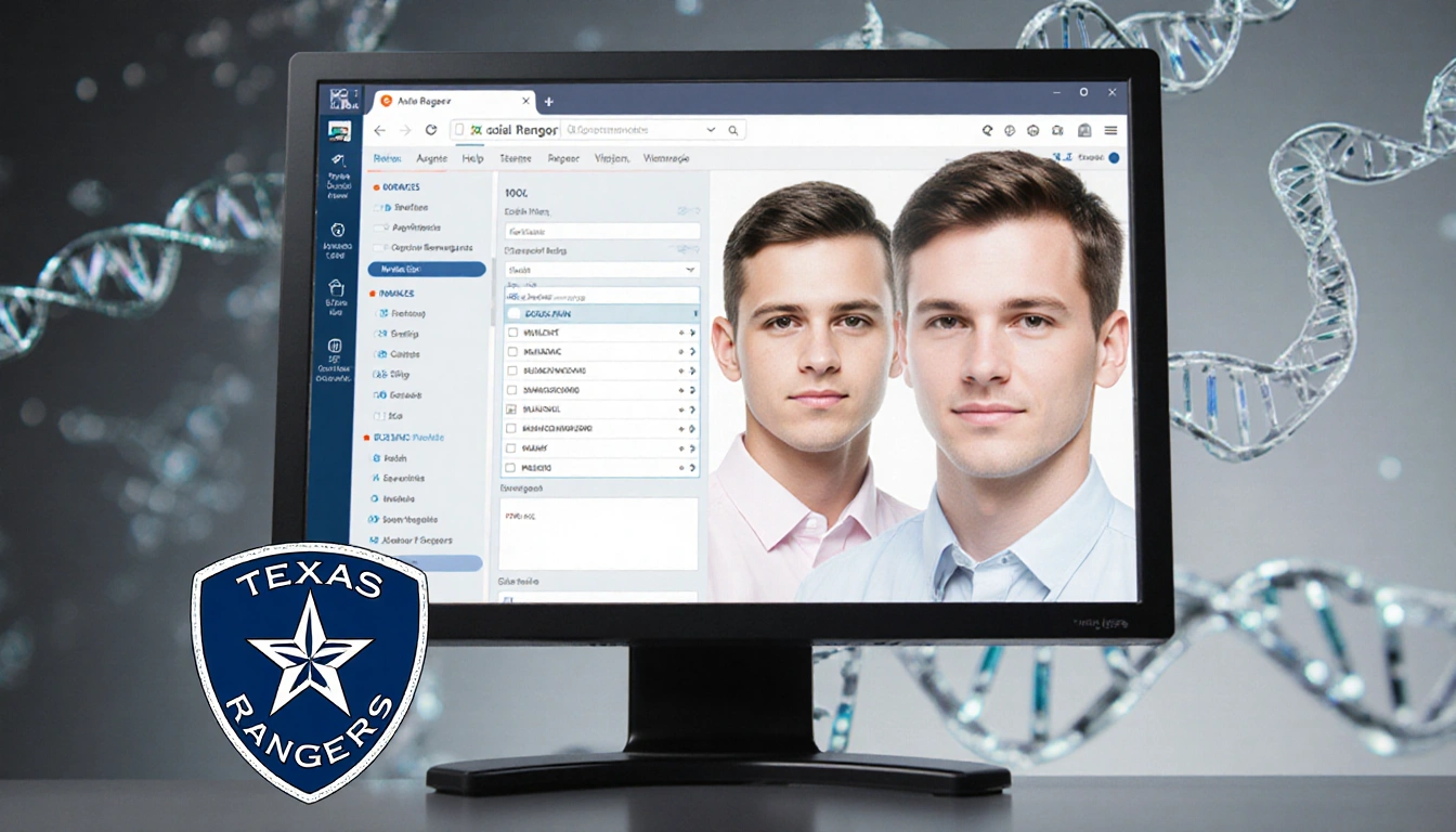 DNA testing machine shows genealogy database with three superimposed brother faces and a Texas Rangers badge.