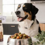 Happy dog sitting at a dining table with a bowl of The Farmer