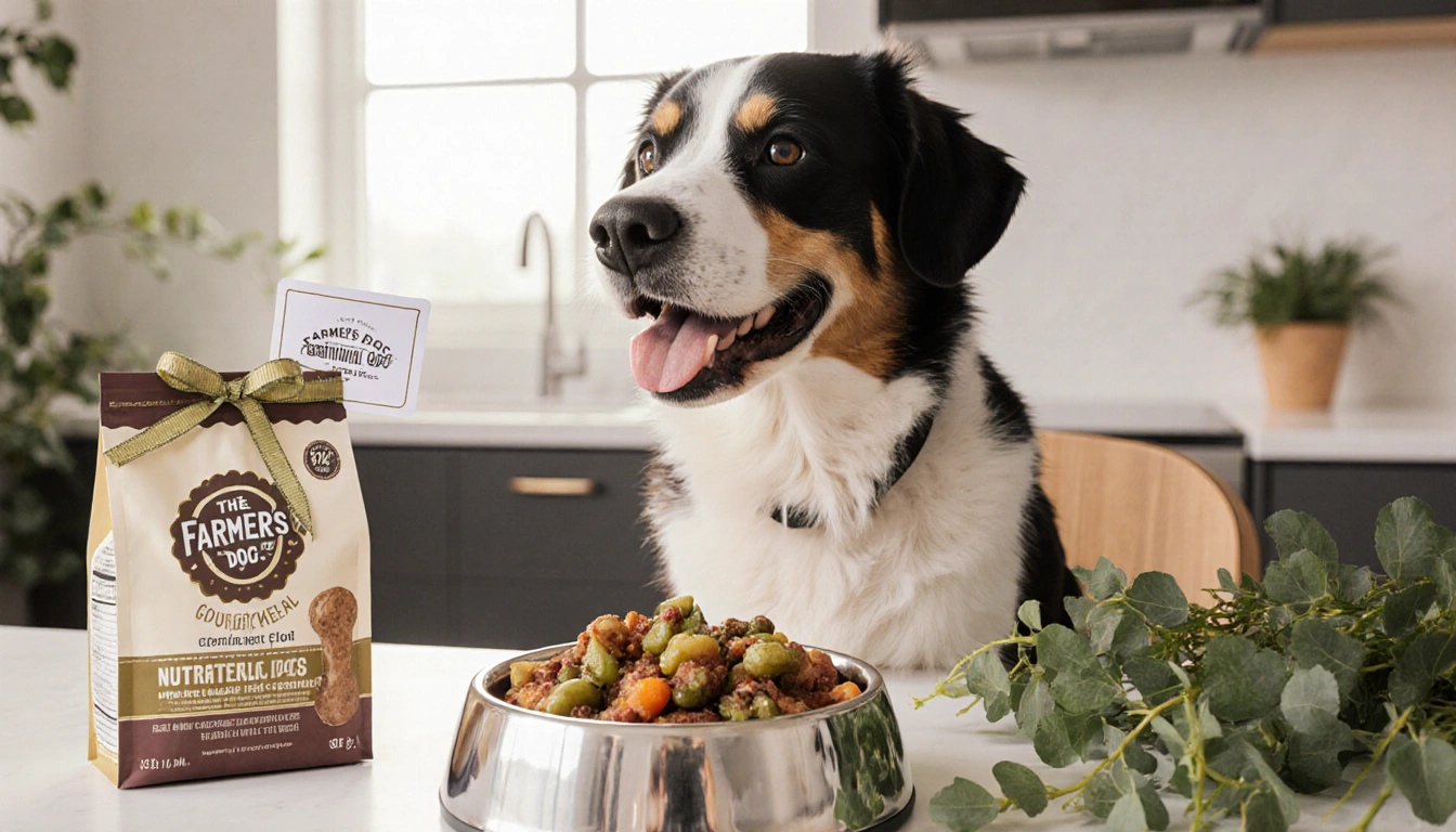 Happy dog sitting at a dining table with a bowl of The Farmer