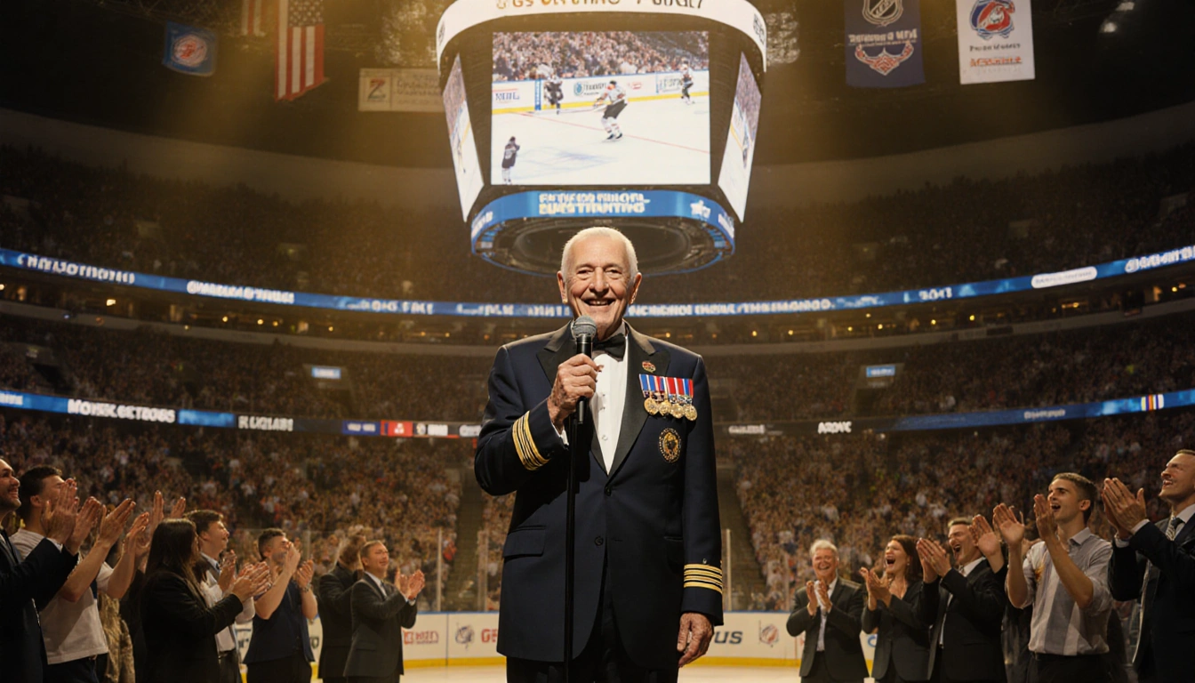 Elderly veteran smiles while holding microphone on NHL stage with scoreboard and cheering fans behind
