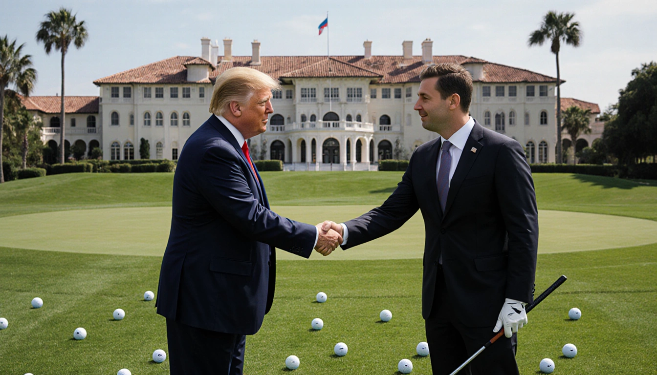 Trump shakes Zelenskyy's hand with a golf club in hand on Mar-a-Lago lawn and golf balls at their feet.