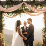 Venus Williams and Andrea Preti exchanging vows at a double wedding under a pergola with lush greenery