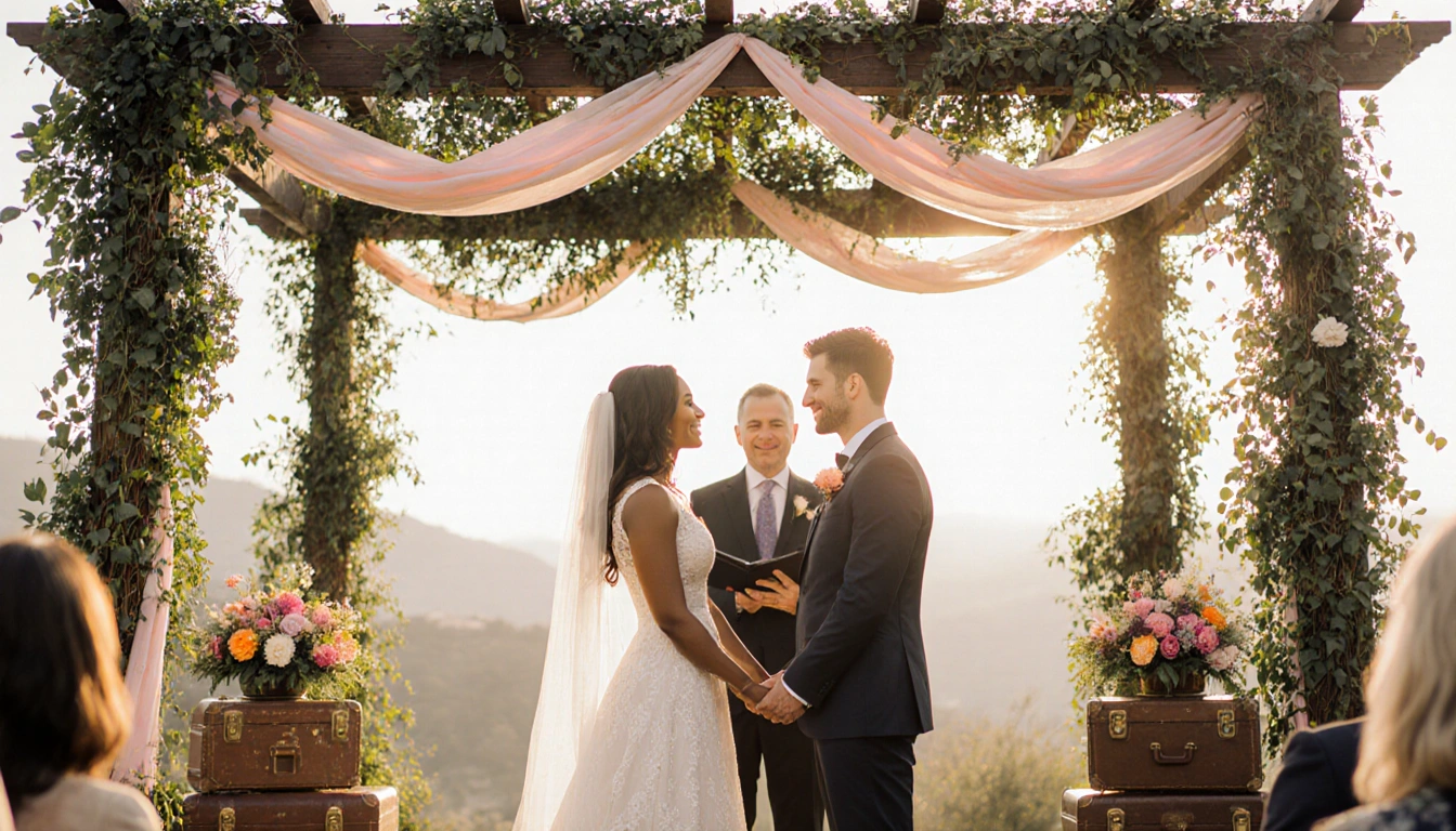 Venus Williams and Andrea Preti exchanging vows at a double wedding under a pergola with lush greenery