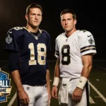Drew Brees and Eli Manning standing side by side with jerseys and a vintage Hall of Fame sign on a faint football field backg
