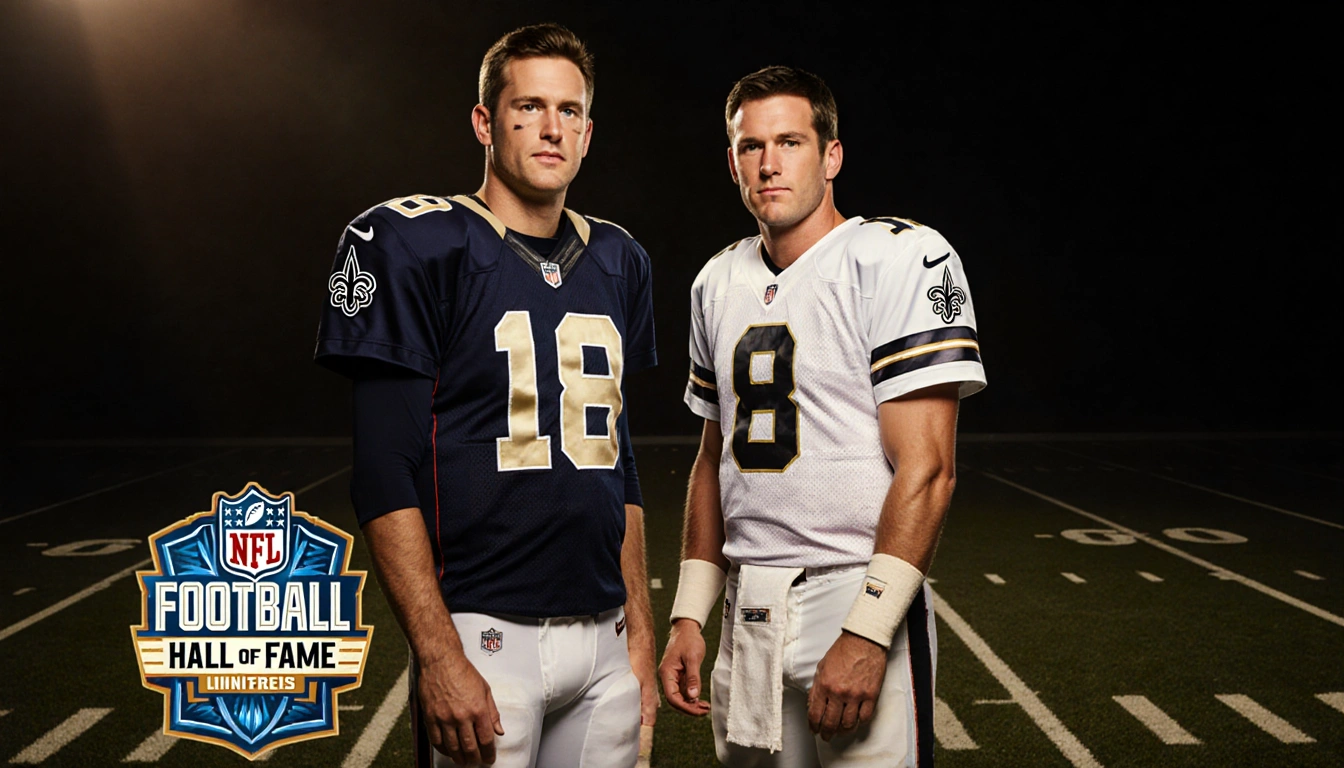 Drew Brees and Eli Manning standing side by side with jerseys and a vintage Hall of Fame sign on a faint football field backg