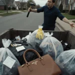 Man throws heavy trash bags into dumpster with camera viewfinder overlay and scattered tools