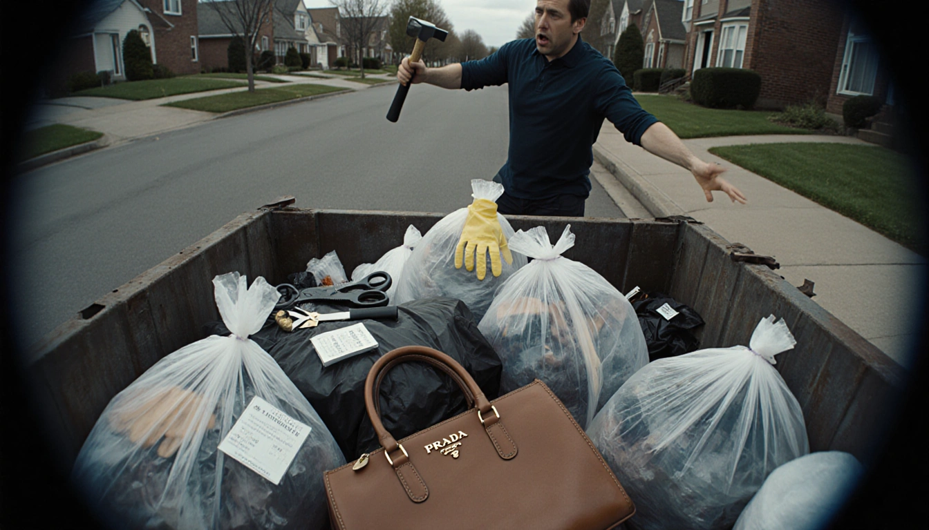 Man throws heavy trash bags into dumpster with camera viewfinder overlay and scattered tools