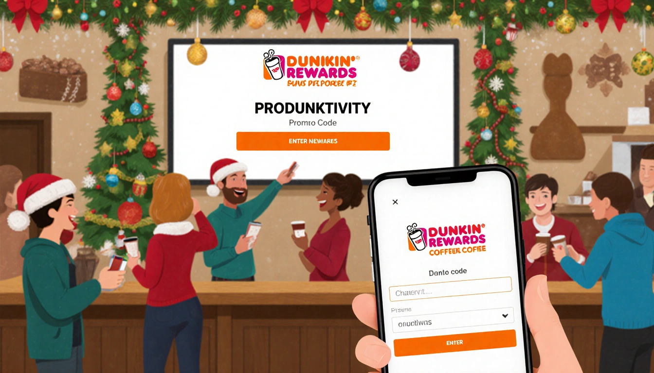 Customers gather around a festive bar with a banner showing PRODUNKTIVITY promo code and phones displaying Dunkin Rewards ico