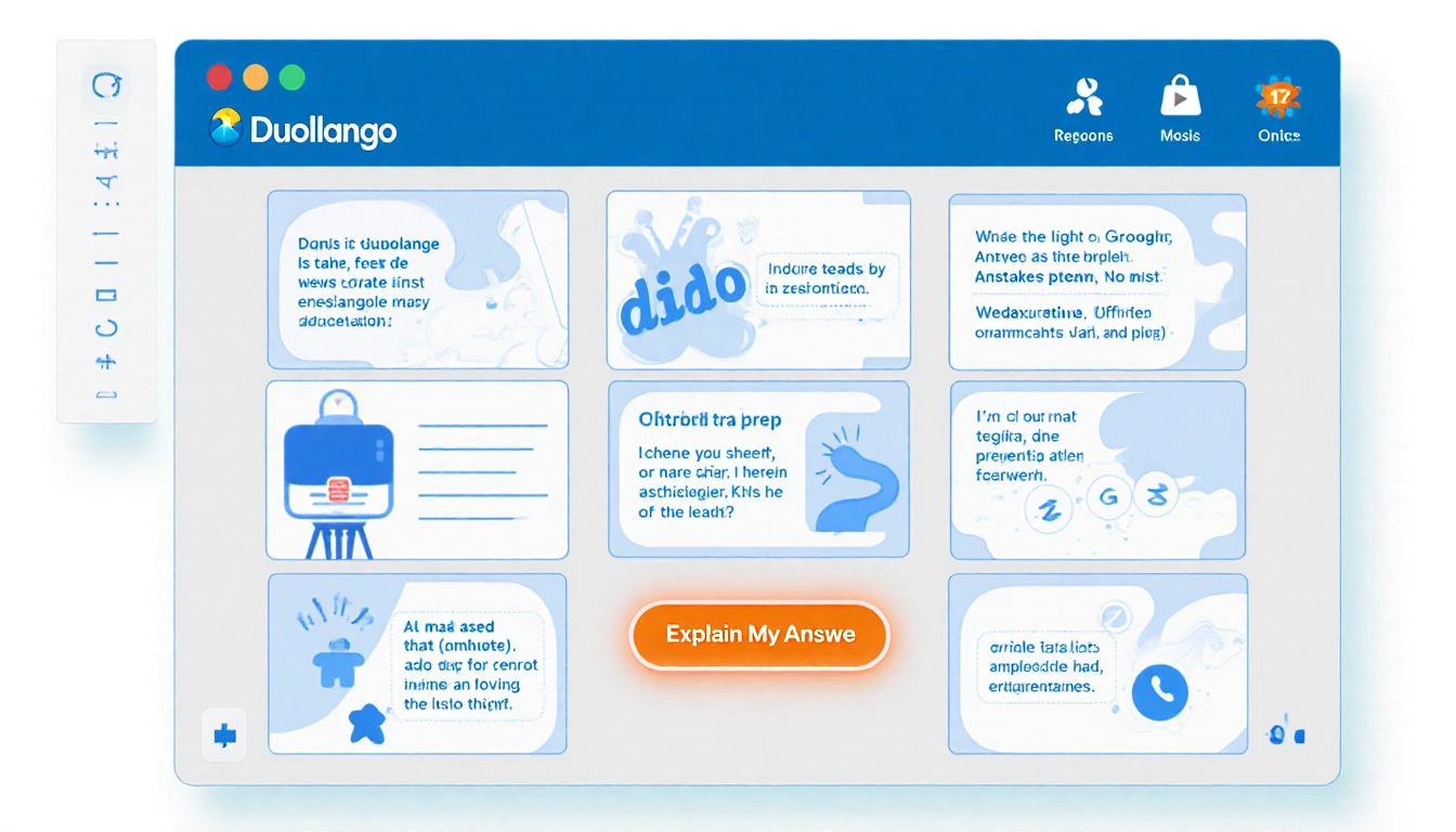 Duolingo screen showing a glowing Explain My Answer button with slide carousel next to it