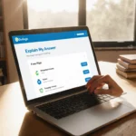 Student hovering hand over laptop screen with Duolingo Explain My Answer while light fills and bookshelves line the wall