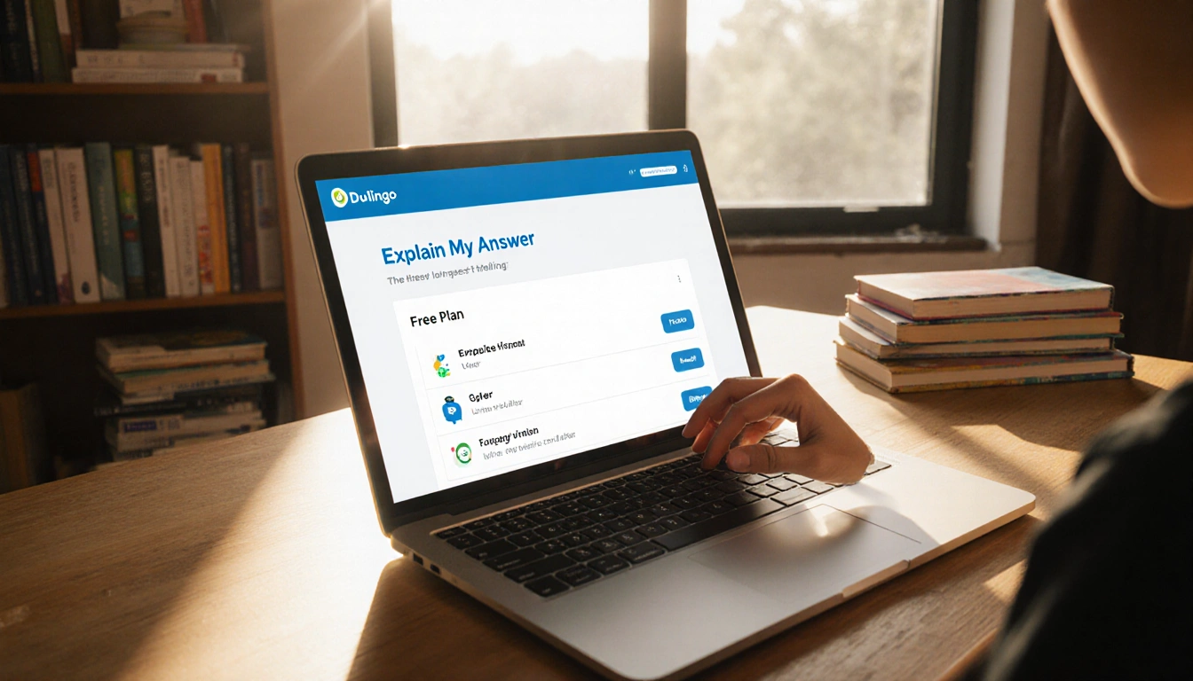 Student hovering hand over laptop screen with Duolingo Explain My Answer while light fills and bookshelves line the wall