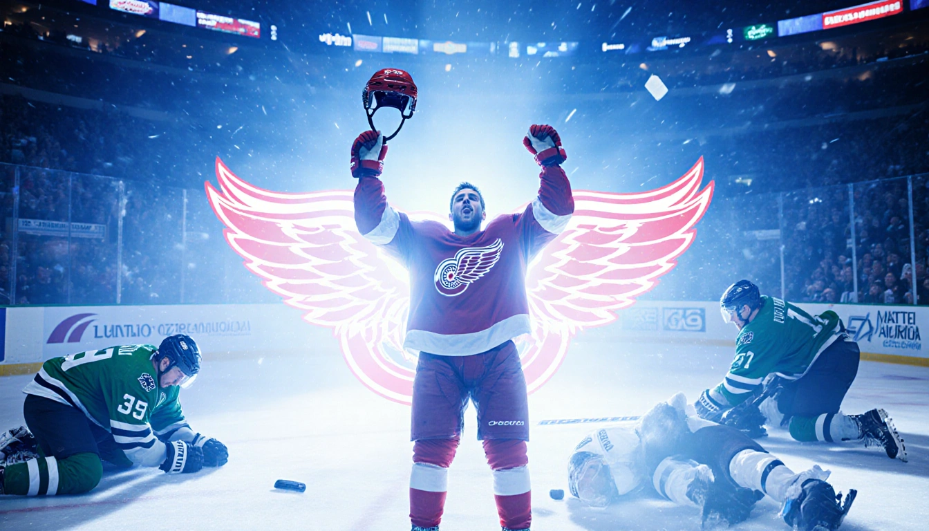 Dylan Larkin celebrates overtime win with raised helmet and triumphant arms as Red Wings logo glows behind him.