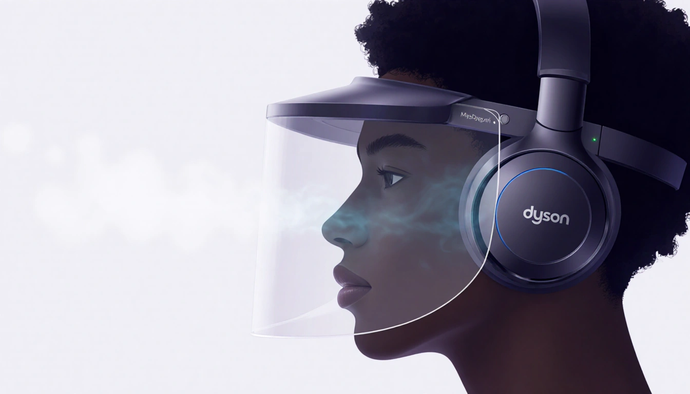 Dyson Zone visor guides purified air to a wearer's face with app-style air quality icons in muted colors.