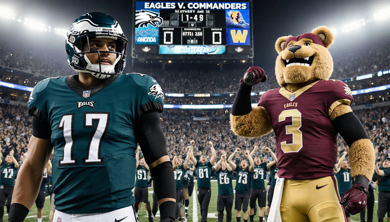 Eagles charging downfield football stadium with midnight green jerseys and bold scoreboard showing Eagles vs Commanders while