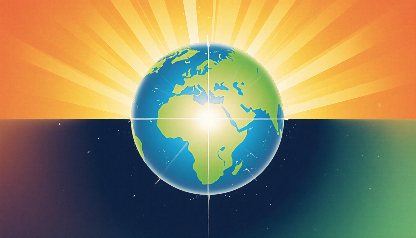 Globe spinning with axis center and sunlight showing equal daylight across orange and green hemispheres.