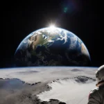 Astronaut standing looking up at Moon and Sun aligning over Earth with glowing Antarctic background