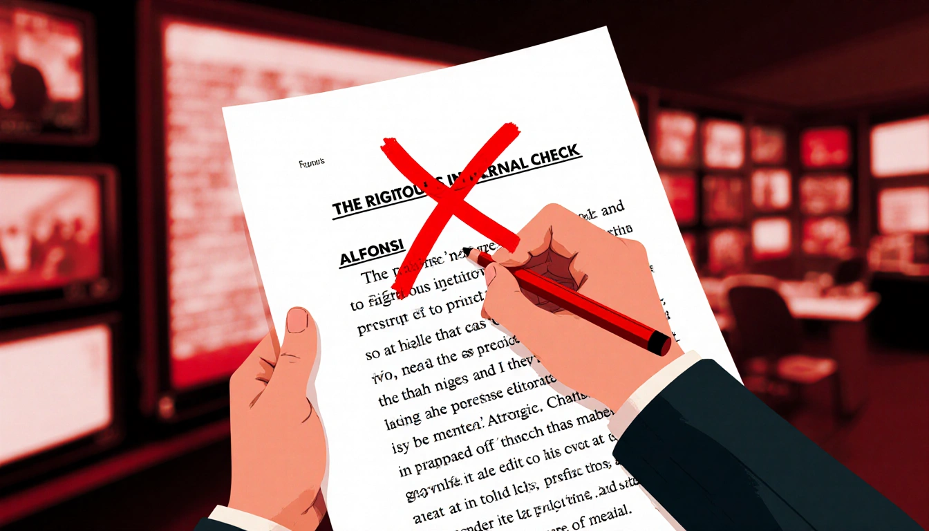 Person correcting editorial script with red pen and large red X on page, blurred TV screen newsroom background.