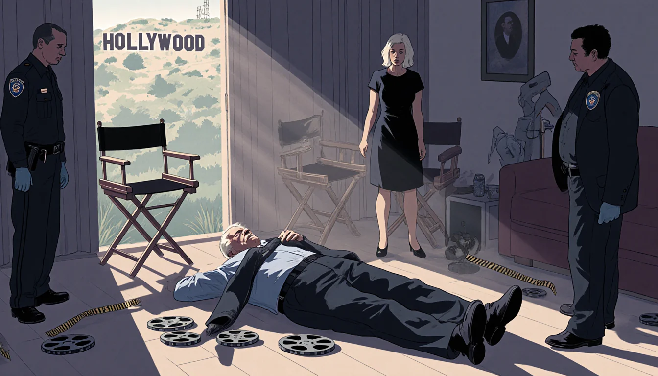 Tracy Reiner standing shocked with lifeless parents and police officers collecting evidence near a subtle Hollywood sign