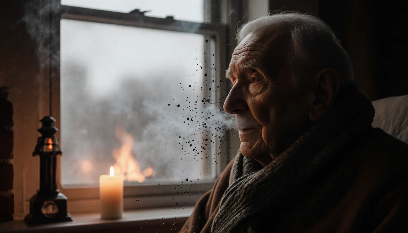 Elderly person sitting by dimly lit window with warm winter attire and floating air pollution particles near face