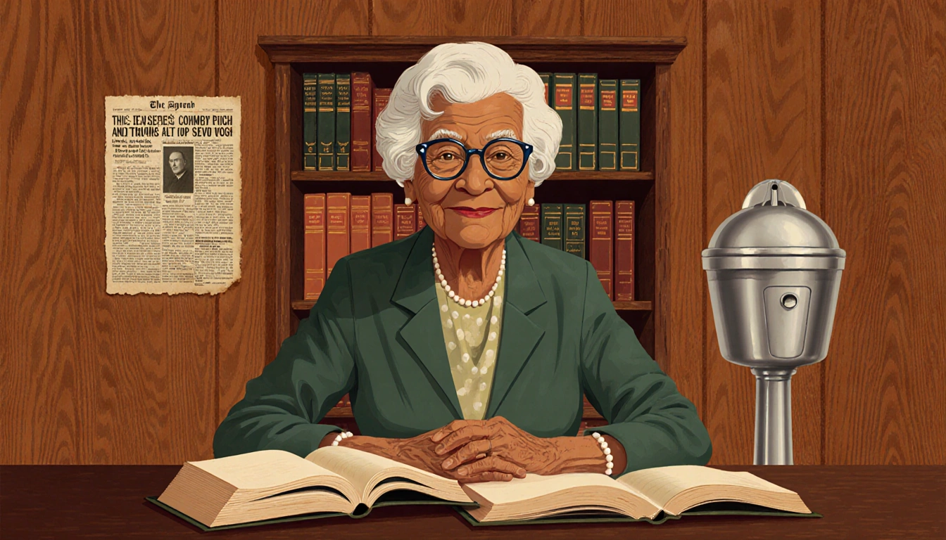 Elderly woman standing before vintage bookshelf with history books and a faint segregation-era water fountain in background