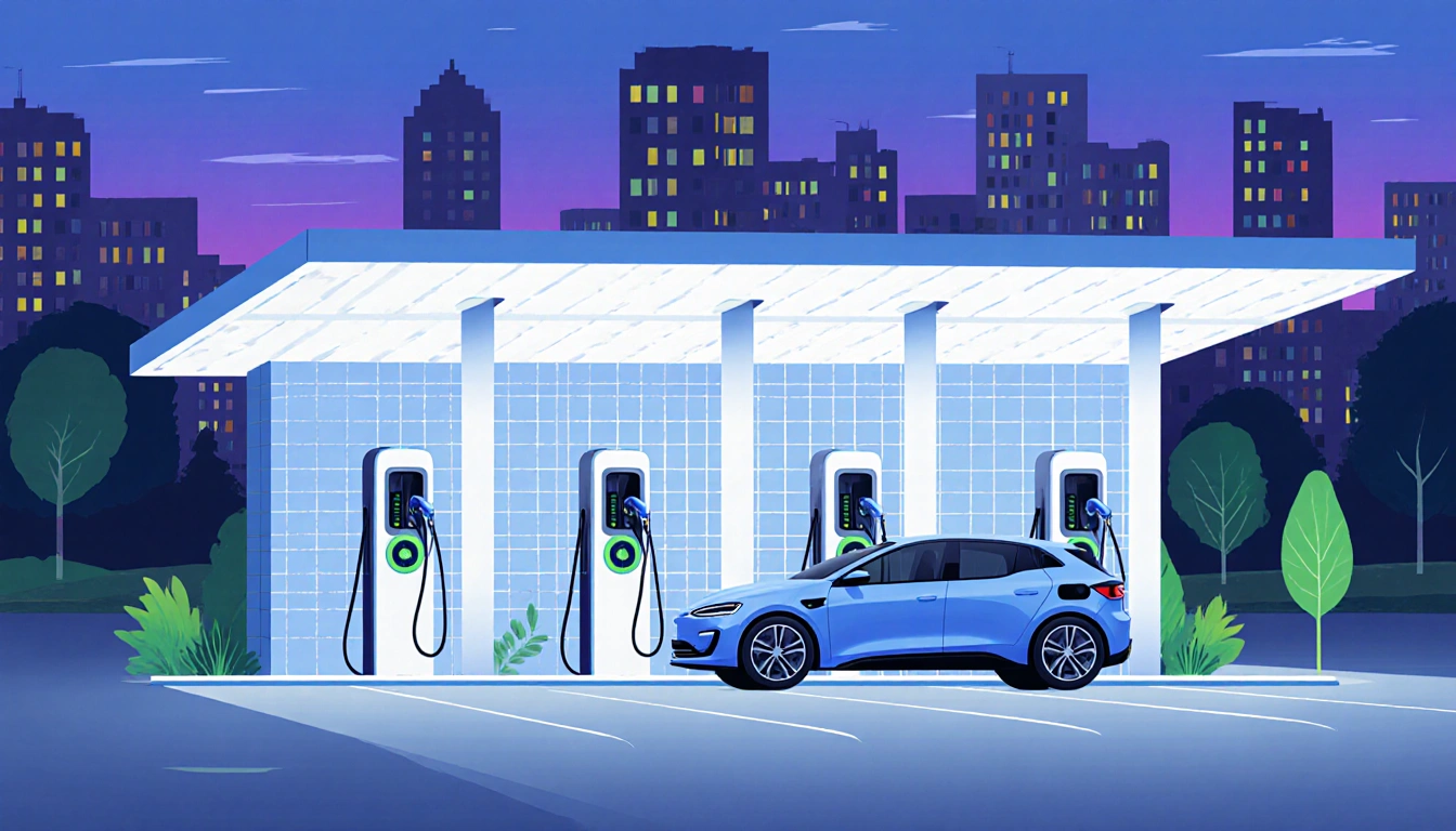 Electric vehicle charging at a sleek modern station with LED lights and a cityscape background