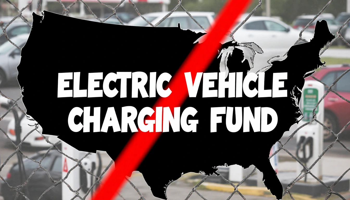 Dark US map shows a red slash and a white warning sign about electric vehicle charging funds with blurry cars behind.