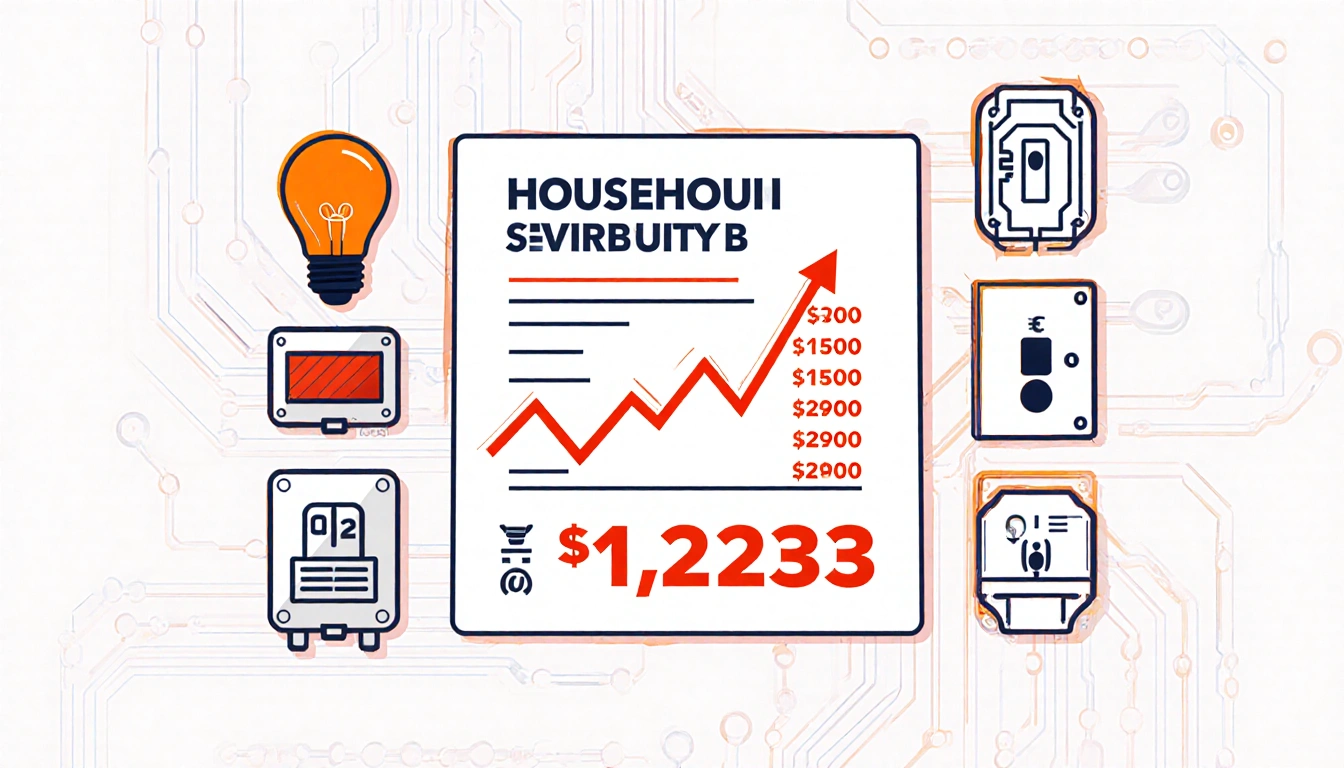 Illustrated electric bill showing original amount and new $1,223 with red spike and light bulb icons.