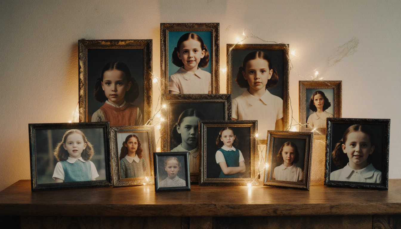 Eleven from Stranger Things reminiscing with glowing season photos on a retro wooden shelf.