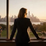 Representative Elise Stefanik standing with arm on windowsill and sunset lighting NYC skyline boy playing outside window