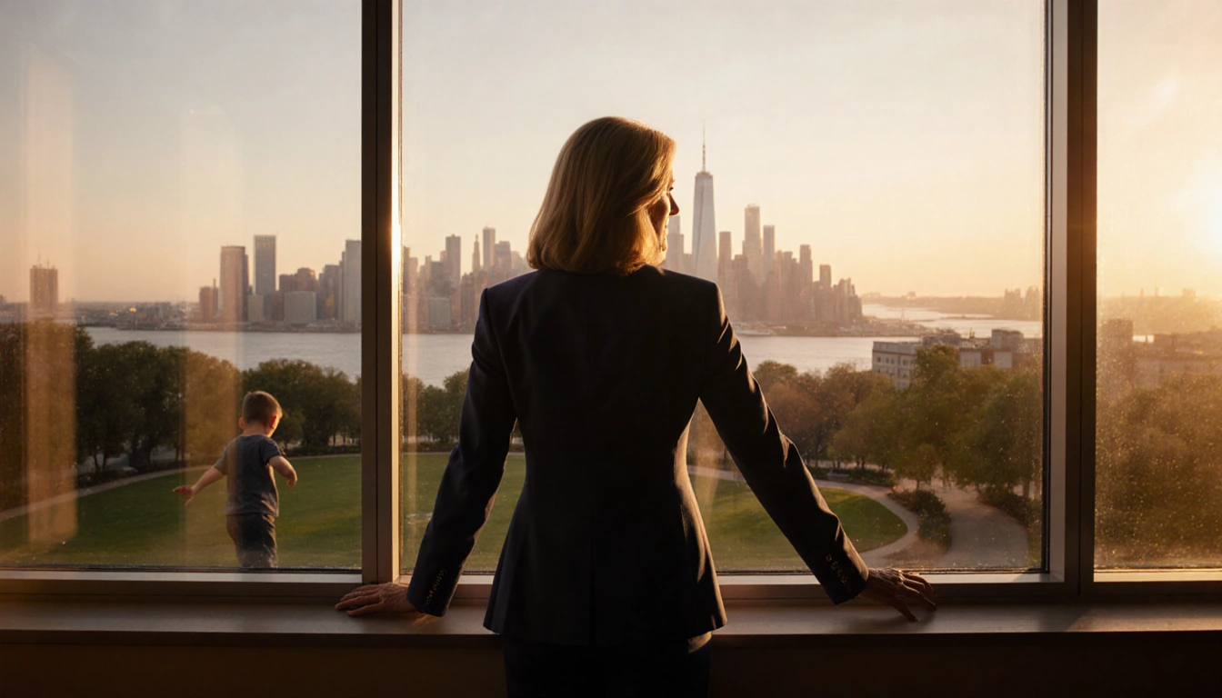 Representative Elise Stefanik standing with arm on windowsill and sunset lighting NYC skyline boy playing outside window