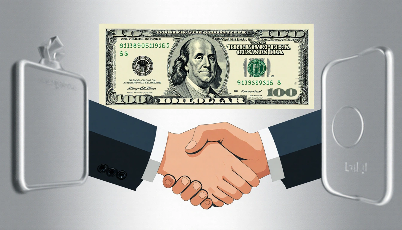 Larry Ellison's hand shaking a $40.4 billion bill with a metallic background and the word Guarantee.